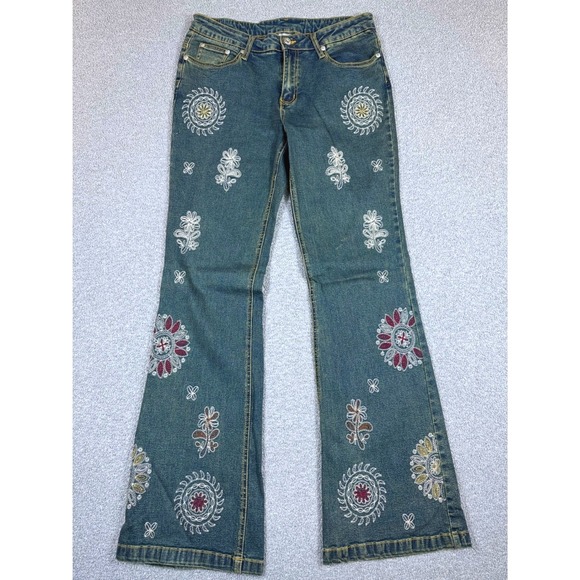 725 Originals Denim - Y2K Flared Jeans Women's 9 Blue Floral Embroidered Boho Western 725 Originals